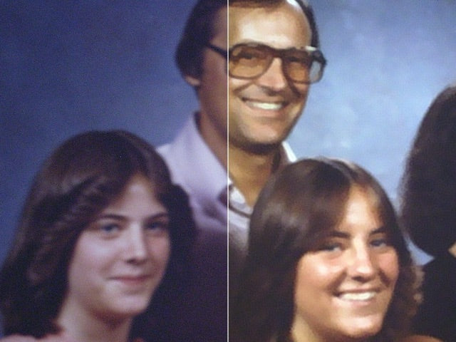 An out-of-focus 1970s family portrait, beside our sharpened restoration