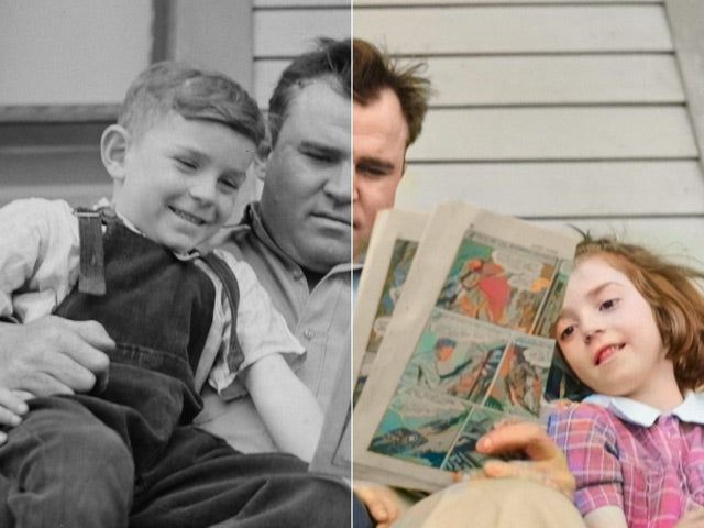 A 1943 black-and-white photo of a father reading to his children, beside our color version
