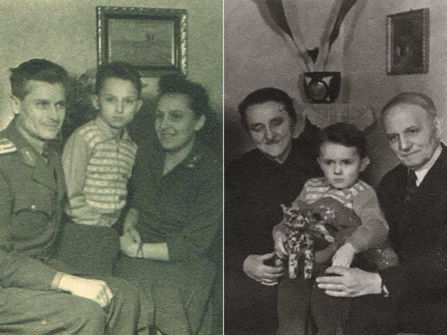 A family photo with a green cast, beside our neutral black-and-white restoration
