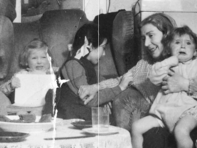 A 1957 family snapshot with a fold crack, beside our restoration