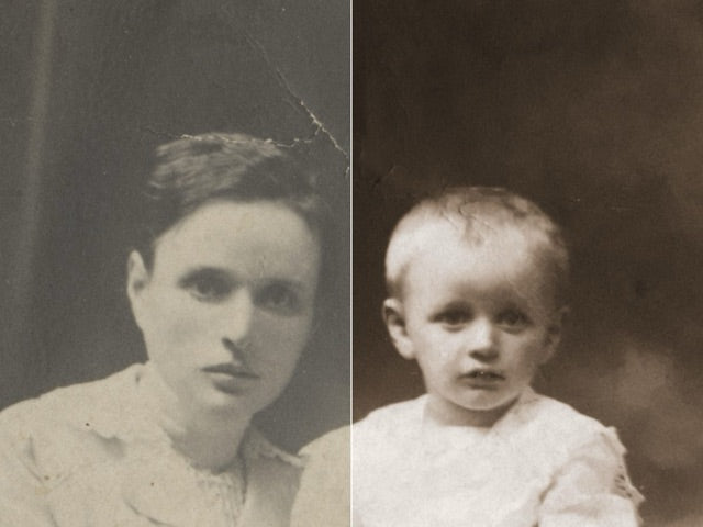 A cracked 1921 portrait of a mother and baby, beside our sepia restoration